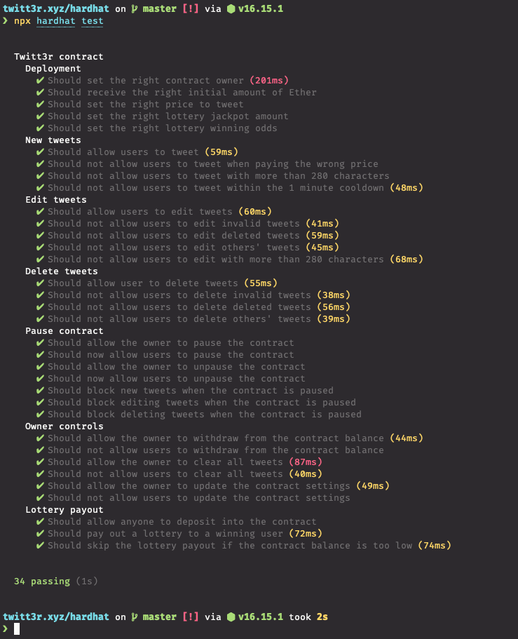 Terminal output of running hardhat tests on Twitt3r